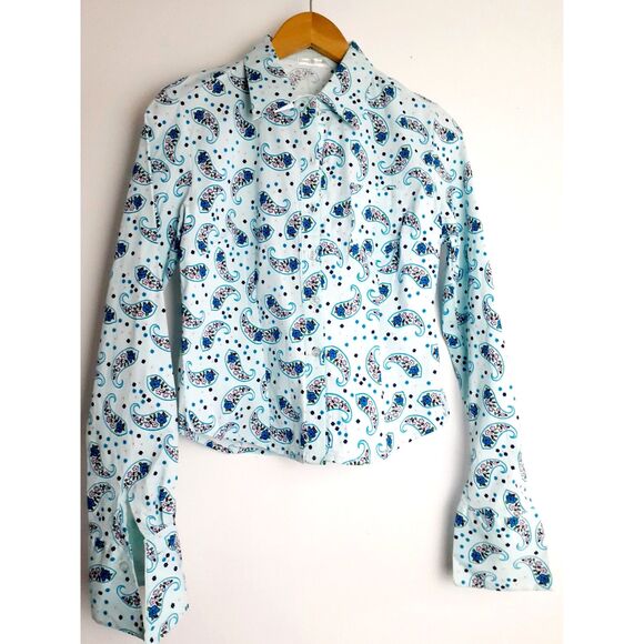 SOHO Jeans Womens Sky Blue Swirly Paisley Button-Up Shirt Jr. Sz Large NWT - Picture 3 of 16